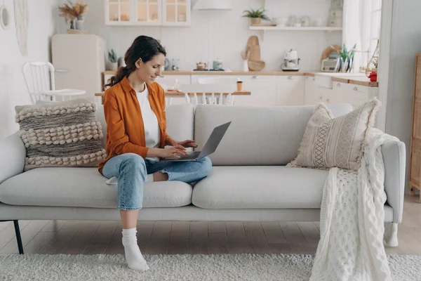 Relaxed European Woman Working Computer Home Caucasian Lady Sitting Couch — Stock Fotó