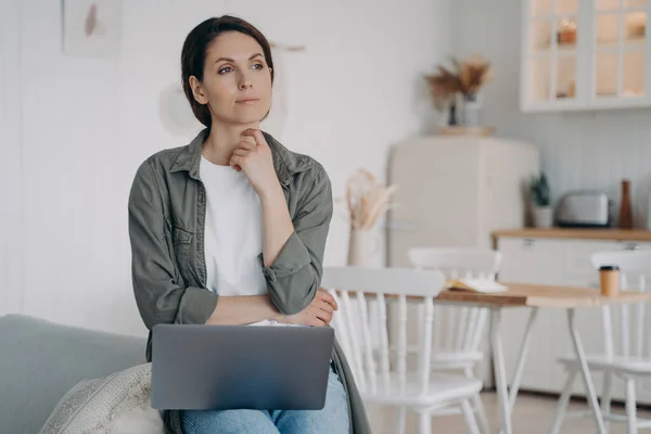 Freelancer Dreaming European Woman Sitting Front Computer Home Relaxing Businesswoman — Stock Fotó