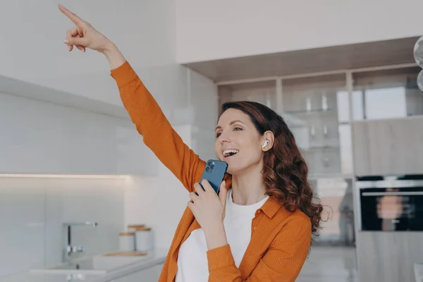 Favourite Song Karaoke Singing Home Happy Caucasian Woman Airpods Singing —  Fotos de Stock