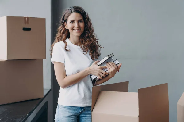 Happy European Woman Unpacking Boxes Taking Books Notes Young Student — Foto de Stock
