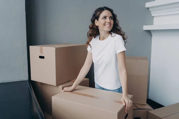 Hopeful Lady Holding Cardboard Box Moving Modern Apartment Happy European — Foto de Stock