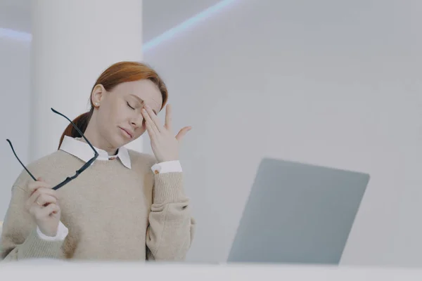 Employee Has Headache Touching Her Eyes Forehead Pain Tired Young — Foto Stock