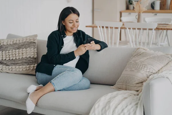 Happy Woman Relaxing Mobile Phone Comfortable Couch Living Room Girl — Stock Photo, Image