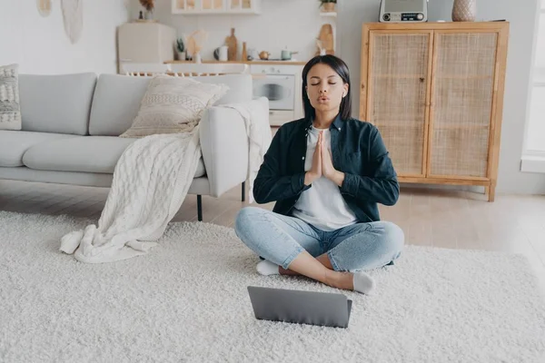 Girl Sitting Front Laptop Lotus Pose Meditating Young Hispanic Woman —  Fotos de Stock