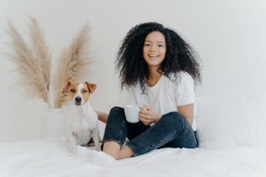 Happy carefree woman with Afro hairstyle, wears t shirt nad jeans, feels glad, holds mug of coffee, laughs sincerely, jack russell terrier poses near host. Cheerful teenage girl with favourite pet