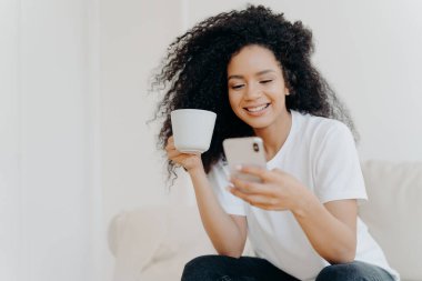 Huzurlu kıvırcık kadın sosyal ağları modern cep telefonuyla kaydırıyor, komik videolar izliyor, sosyal ağlardaki fotoğraflara bakıyor, kahve içiyor, oturma odasındaki koltukta poz veriyor, yüksek maaşlı iş teklifi alıyor.