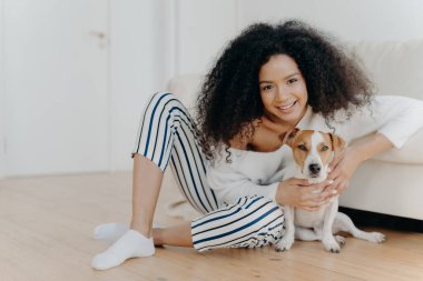 Keyifli kıvırcık saçlı kadın modelin kapalı çekimleri Jack Russell terrier köpeğiyle fotoğraf çektirmek için poz veriyor, evcil hayvanı nazikçe kucaklıyor, sevilen hayvanla koltuğun yanında oturuyor, birlikte vakit geçiriyorlar.