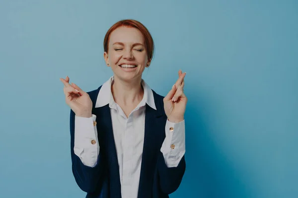 Young Hopeful Red Haired Business Woman Closed Eyes Formal Wear — Fotografia de Stock