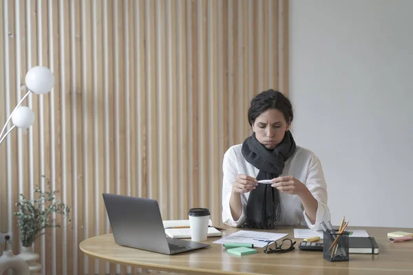 Unhappy Sick Young Hispanic Woman Office Worker Scarf Neck Looking — Fotografia de Stock