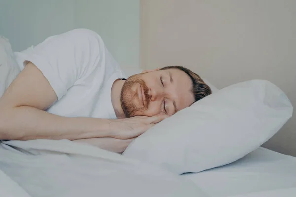Close View Photo Bearded Young Male Eyes Closed Fall Asleep — Stock Photo, Image