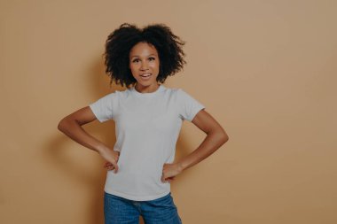 Kendine güveni olan güzel Afro-Amerikan kadınlarının stüdyo portresi. Günlük şık kıyafetler giyiyorlar. Kalçalarını tutuyorlar ve kum rengi arka planda izole bir şekilde kameraya bakıyorlar.