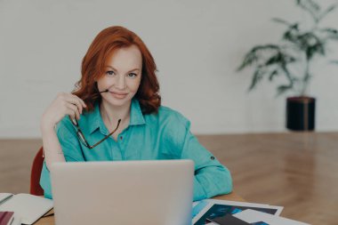 Güzel, mutlu, kızıl saçlı, online çalışan, dizüstü bilgisayar kullanan, evde mali rapor hazırlayan, video konferans uygulaması kullanan, iş arkadaşlarıyla uzaktan konuşan bir serbest çalışan.