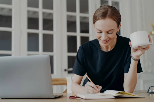 Elegant smiling business lady at workplace. Worker at laptop in office in evening. Glamorous businesswoman, executive or entrepreneur is calculating taking notes with pencil. Career and success.