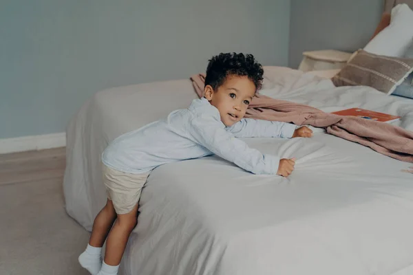 Dulce Niño Afroamericano Pequeño Ropa Algodón Elegante Tratando Subir Gran — Foto de Stock