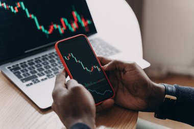 Telefon ve dizüstü bilgisayardaki yatırım büyüme grafiklerini takiben, bilgisayar ekranının önünde akıllı telefonu tutan, finansal borsa ticaret veri tablolarını analiz eden,