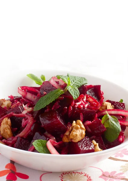 Beetroot salad with walnut ,onion and mint — Stock Photo, Image