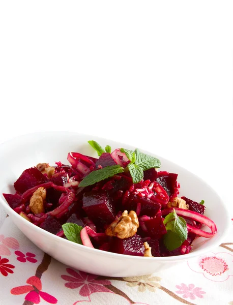 Beetroot salad with walnut ,onion and mint — Stock Photo, Image