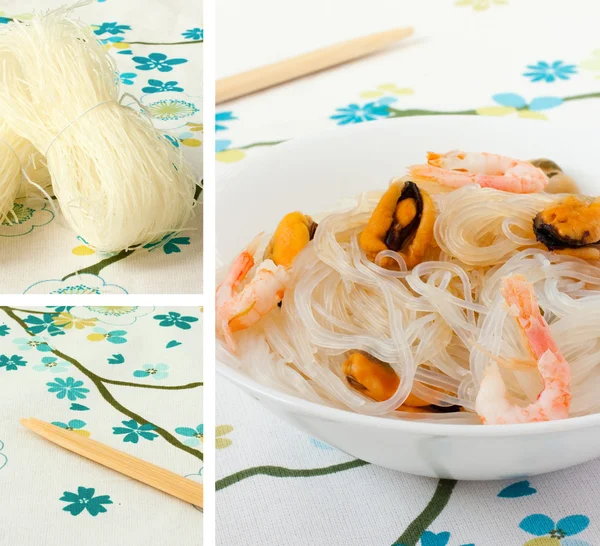 Salad of Chinese rice noodles and seafood. Collage — Stock Photo, Image
