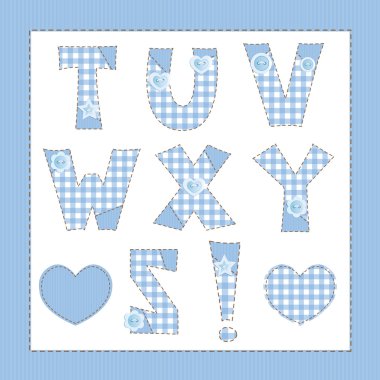 Mavi kumaş alfabesi. T, U, V, W, X, Y, Z harfleri