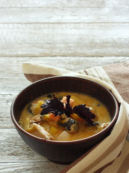 Soup with salmon and mussels — Stock Photo, Image