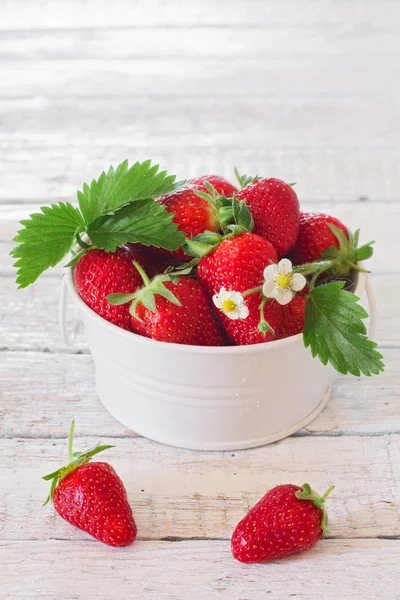 Strawberries in white bowl — Stock Photo, Image