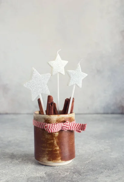 Winter Still Life Container Cinnamon Sticks Decorative Candles Close Merry — Stock Photo, Image