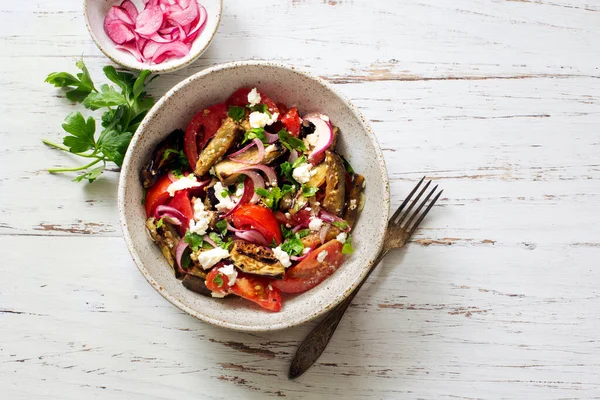 Fried Eggplants Tomatoes Red Onion Feta Cheese Salad Served Bowl — Stock Photo, Image