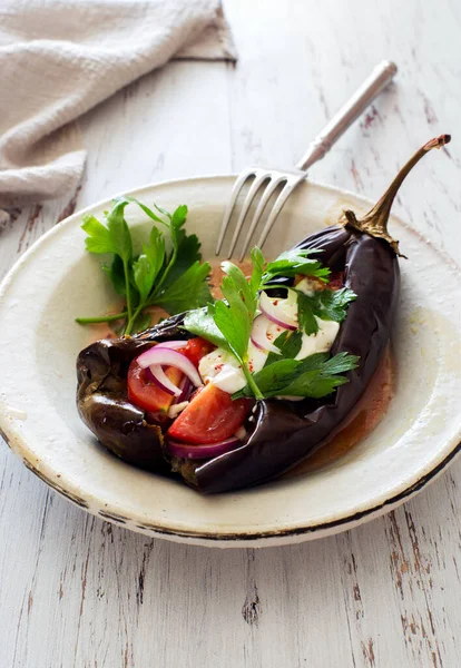 Oven Baked Eggplant Stuffed Tomatoes Red Onion Cream Cheese Close — Stock Photo, Image