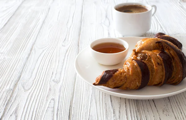 Croissant Chocolate White Plate Cup Coffee White Wooden Table Close — Stock Photo, Image