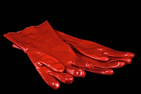 Pareja Guantes Goma Rojos Aislados Sobre Fondo Negro — Foto de Stock