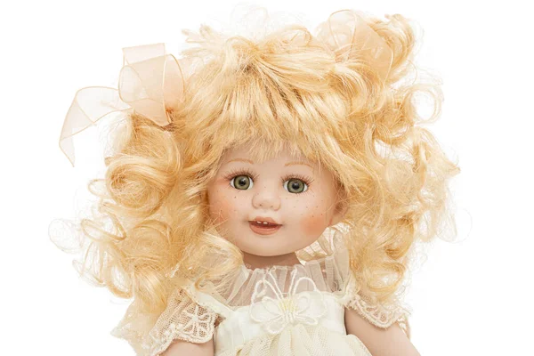 Vintage Κούκλα Πορσελάνη Απομονώνονται Λευκό Φόντο — Φωτογραφία Αρχείου