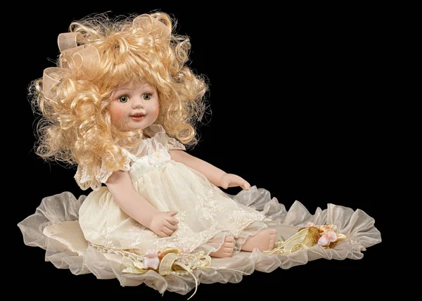 Vintage Κούκλα Πορσελάνη Απομονώνονται Μαύρο Φόντο — Φωτογραφία Αρχείου