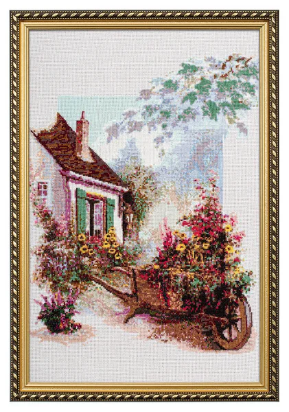 Embroidered Picture Openwork Frame Flowers Yard Rural House Cross Stitch — Photo