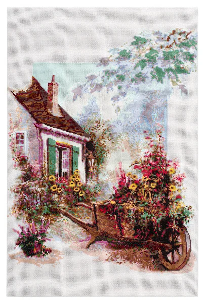 Embroidered Picture Flowers Yard Rural House Cross Stitch Textile Canvas — Photo