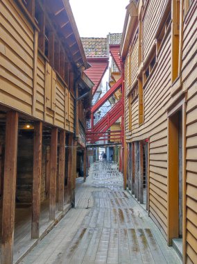 Bergen, Norway: 4 May 2022 - Bredsgarden, wooden street in Bryggen