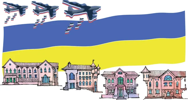 Avión Ruso Bombardea Una Pacífica Ciudad Ucraniana Protección Bandera Amarillo — Foto de Stock