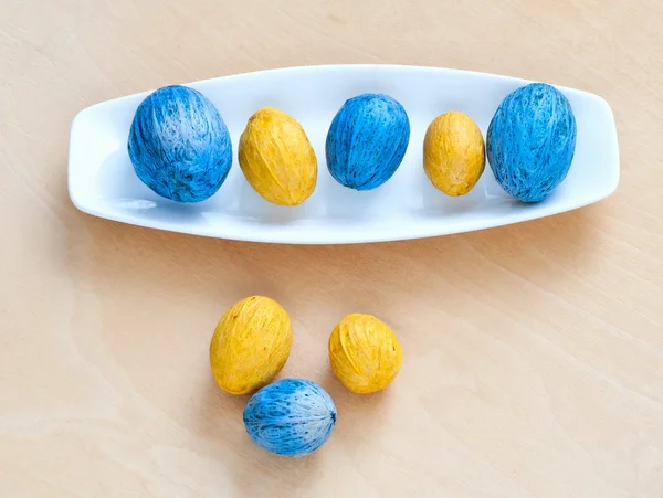 Brown and blue nuts lying in a row on a plate — Stock Photo, Image