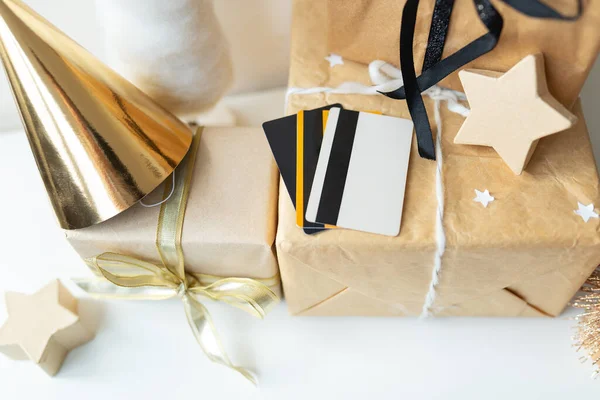Різдво Подарунки Концепція Інтернет Покупки Легка Оплата Вдома Кредитною Карткою — стокове фото