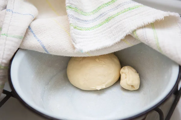 Preparation Dough Making Dumplings Ravioli Manti Dumplings Dough Plate Towel — Foto Stock