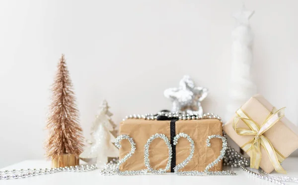 Banner Feliz Ano Novo 2022 Decoração Festiva Árvore Natal Presente — Fotografia de Stock