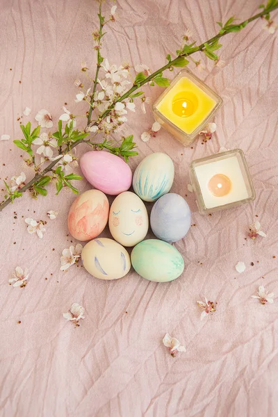 Beautiful Watercolor Paints Easter Eggs Lie Delicate Pink Cloth Burning — Stock Photo, Image