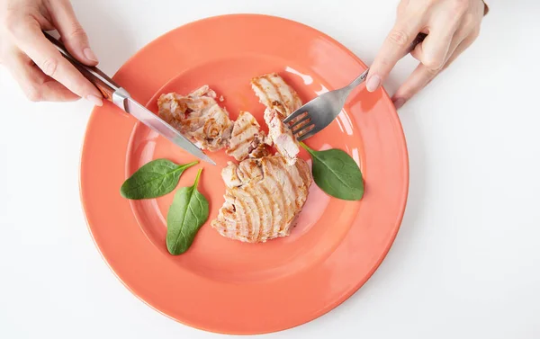 Close Shot Juicy Delicious Grilled Tuna Steak Bright Coral Plate — Stock Photo, Image