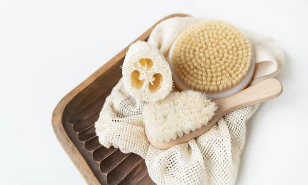 Zero Waste Sustainable Bathroom Lifestyle Bamboo Brush Loofah Sponge Cactus — Stock Photo, Image