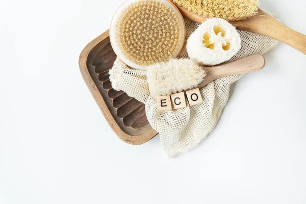 Zero Waste Sustainable Bathroom Lifestyle Bamboo Brush Loofah Sponge Cactus — Stock Photo, Image