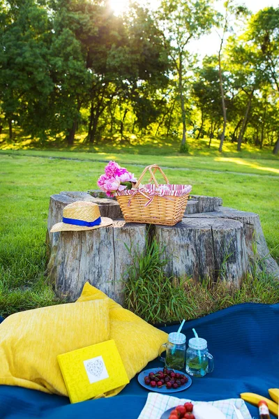 Piękny Kosz Kwiatami Talerz Jedzeniem Stoi Drewnianym Pniu Piknik — Zdjęcie stockowe