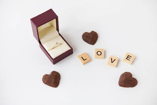 Inscription Wooden Letters Love Small Truffle Sweets Form Heart Diamond — Stock Photo, Image