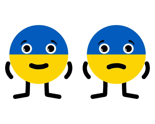 Two characters in the form of national Ukrainian flag. Happy and sad cartoon emoticon is depicted as Ukraine. Cute emoji faces symbolizing the situation in the country during military operations. — Stock Vector