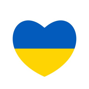 Kalp şeklinde Ukrayna bayrağı simgesi. Aşk sembollü soyut vatansever Ukrayna bayrağı. Kalbinde Ukrayna olan mavi ve sarı kavramsal bir fikir. İşgal sırasında ülkeye destek