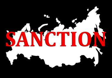 Rusya 'ya karşı yaptırımlar. Rus Federasyonu haritasının silueti ve kırmızı metin onaylı. Putin 'in yönetimi ve komşu bir ülke olan Ukrayna' ya yapılan saldırılar yüzünden devletin çöküşü ve yıkımı