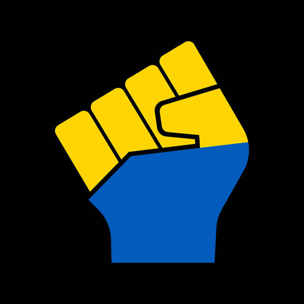 Кулак поднят в знак протеста на войне. Поднята рука с сжатым кулаком в цветах флага Украины. Украинский символ против конфликта Россия. Поднята рука в цветах украинского флага. Патриотическая векторная иллюстрация
